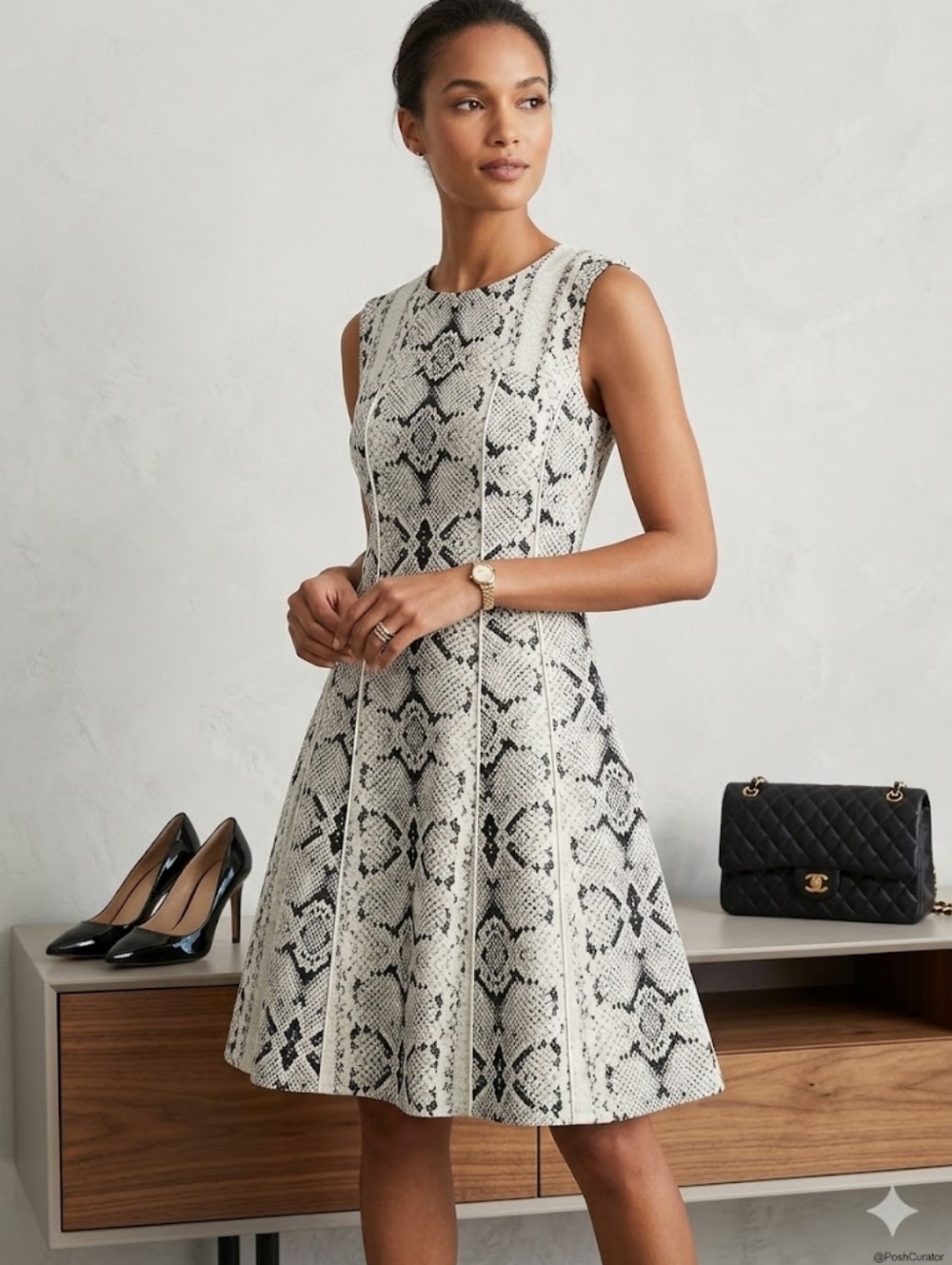 Nanette Leopore Snakeskin Print Skater Dress Size 10 Black White